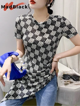MadBlack Vasaras Eiropas Apģērbu Vidēji Garš T-Krekls Retro Sexy Sievietes Asimetrisks Vēstuli Izdrukāt Slim Topi ar Īsām Piedurknēm T35259C