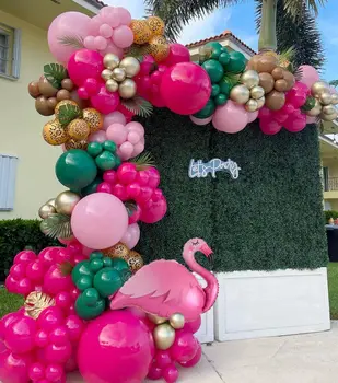 Tropu Flamingo Balonu Vainags Arku Komplekts Karstā Rozā, Zaļā, Zelta, Baloni, Havaju Safari Džungļos Vasarā Dzimšanas Dienas Svinības Rotājumi