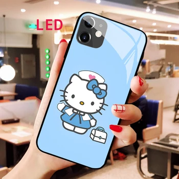 Gaismas Rūdīts Stikls telefonu gadījumā Par Apple iphone 13 14 Pro Max Pulss Hello Kitty Luksusa Modes RGB LED Apgaismojums jaunu segumu