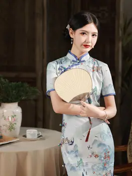 Vasaras Vintage Ziedu Drukāt Qipao Ķīniešu Stilā Mūsdienu Elegants Sieviešu Tradicionālo Cheongsams Drēbes Orientale Vestido