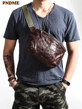 PNDME vintage augstas kvalitātes mīksts īstas ādas vīriešu krūšu soma modes gadījuma pātagot vidukļa pakotnes messenger somas tīņi jostas soma