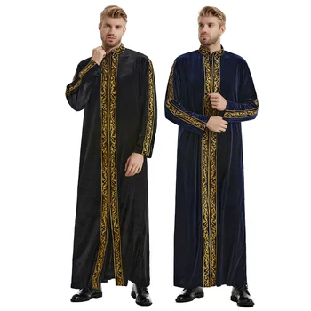 Vīriešu Apģērbu Jubba Thobe Nacionālā Stila Zelta Samta Izšuvumi Zaudēt Stand Apkakli Gadījuma Modes Pavasarī