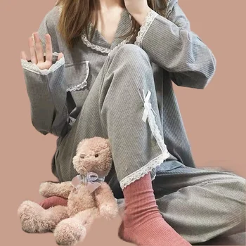Sieviešu Izlīdzināšanu Mājīgu Pidžamas Komplekts Seksīgas Mežģīnes Priekšgala Sleepwear Pyjama Liela Izmēra Pavasara Salds Homewear Pilnu Piedurknēm Krekls Princese Stils
