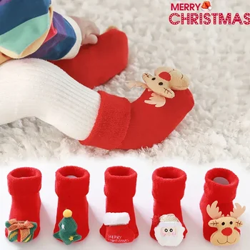 Kvalitātes Cute Sarkans Ziemassvētku Zeķes Un Zīdaiņu Bērnu Ziemassvētku Tēmu Jaundzimušie Zēni Meitenes Plīša Anti Slip Grīdas Zeķes