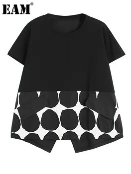 [EAM] Sieviešu Melnu Punktu Iespiesti Gadījuma ir Liela Izmēra T-krekls Jaunu Apaļu Kakla Īsām Piedurknēm Modes Jūra Pavasara Vasaras 2023 1DE7533