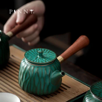 PINNY 200ML Tumši Zaļu Glazūru Keramikas Tējkanna Koka Sānu Rokturis Tējas Katlā Japāņu Stila Kung Fu Drinkware