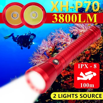 Spēcīgs Ūdensizturīgs Niršanas Lukturīti CREE XHP70 Dzeltena/Balta Gaisma 3800LM Zemūdens Taktiskās Nirt Lāpu 26650 Akumulators