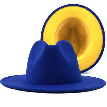 Unisex Ārējais zilais Iekšējo dzeltena Vilnas Filcs, Džeza Fedora Cepures ar Plānas Jostas Sprādzes Vīrieši Sievietes Platām Malām, Panama Trilby Klp L XL