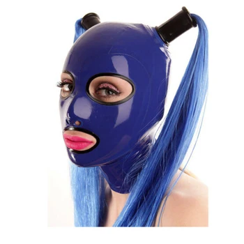 Lateksa Kapuci Zilā krāsā ar 2 Parūka Atpakaļ Rāvējslēdzēju, Gumijas Maska Cosplay Halloween Kostīmi Vīriešu un Sieviešu