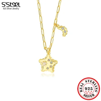 S'STEEL 925 Sudraba Zircon Moon Star Kulons Kaklarotas Sievietēm Zelta Ķēdes Dāvanas korejas Luksusa Solījums Acessorios Y2k Rotaslietas