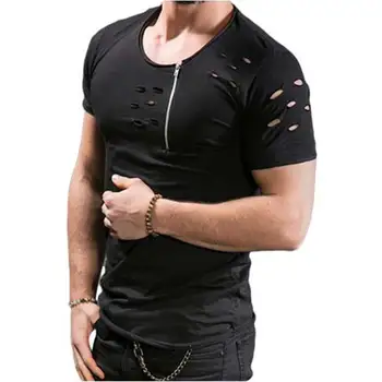 NĒ.2 A1169 Ripped Vīriešu T Krekls Slim Fit Muskuļu O-veida Kakla Top Tee Jaunu Modes Vasaras Caurumu Gadījuma Īsām Piedurknēm T-Kreklu apdruka Vīriešu Apģērbs