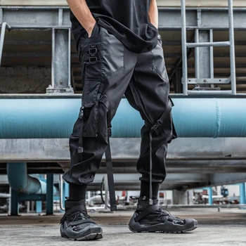 Unisex Taktiskās Funkcionālās Kravas Bikses Joggers Bikses Vīriešu Apģērbu Harajuku HipHop Streetwear Lentes Multi-pocket Black