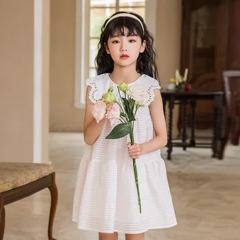 Meiteņu Vasaras Kleita Bez Piedurknēm 2022 Jaunu Kokvilnas Princese Tauriņš Mežģīņu Apkakle Kleitas Korejas Preppy Stils Svītru Kids Apģērba