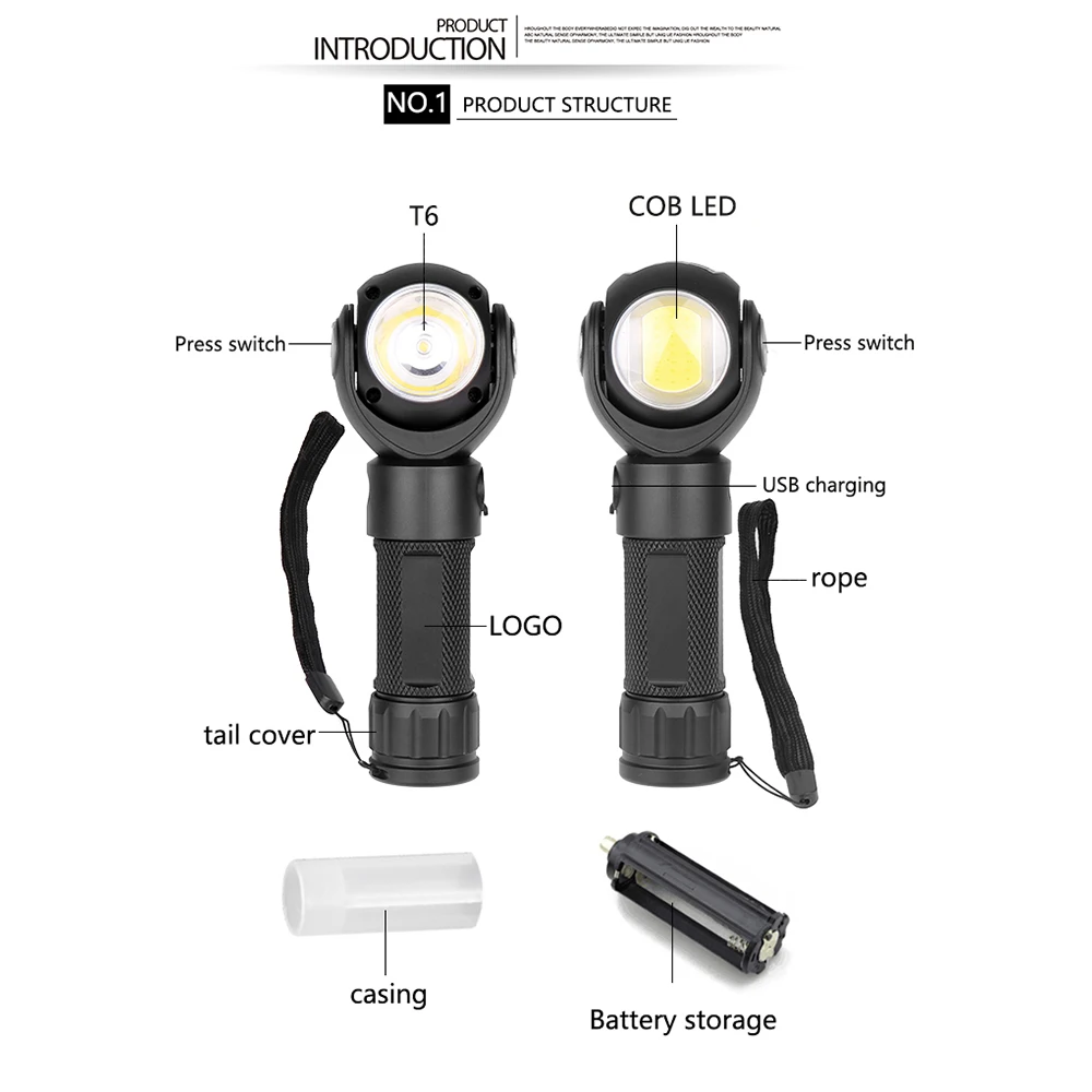 Praktiski 360 grādiem Rotējoša Lukturīti T6+COB LED Lukturītis Micro USB Uzlādes ar 18650 akumulatoru Asti ar Magnētu Dropshipping