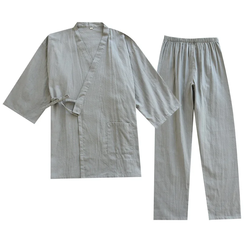 Rudens Kimono Pidžamas Vīriešu Trīs Ceturksnī Strappy Miega Top Bikšu Kostīmi V-veida Kakla Kokvilnas Marle Sleepwear tīrtoņa Krāsu Loungewear