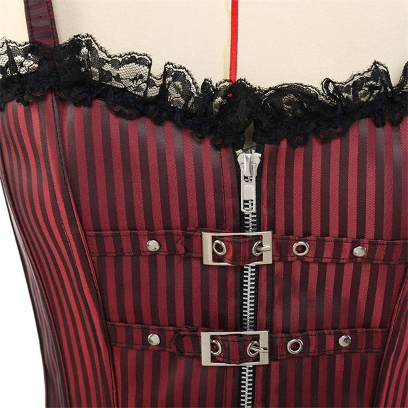 Sieviešu Sexy Overbust Gothic Korsete Corselet Svītrainām Zip Saļodzījās Steampunk Bustier Top Veste Punk Rock Stila Apģērbu